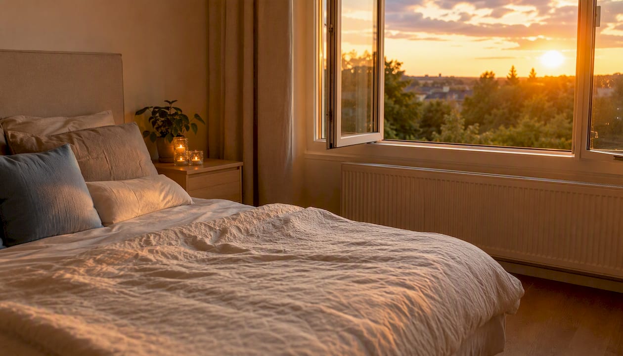 Slaapkamer met de ramen open, zodat er lekker frisse lucht naar binnen stroomt