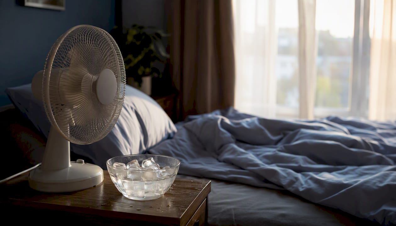 Een ventilator naast mijn bed met een bakje ijs ervoor