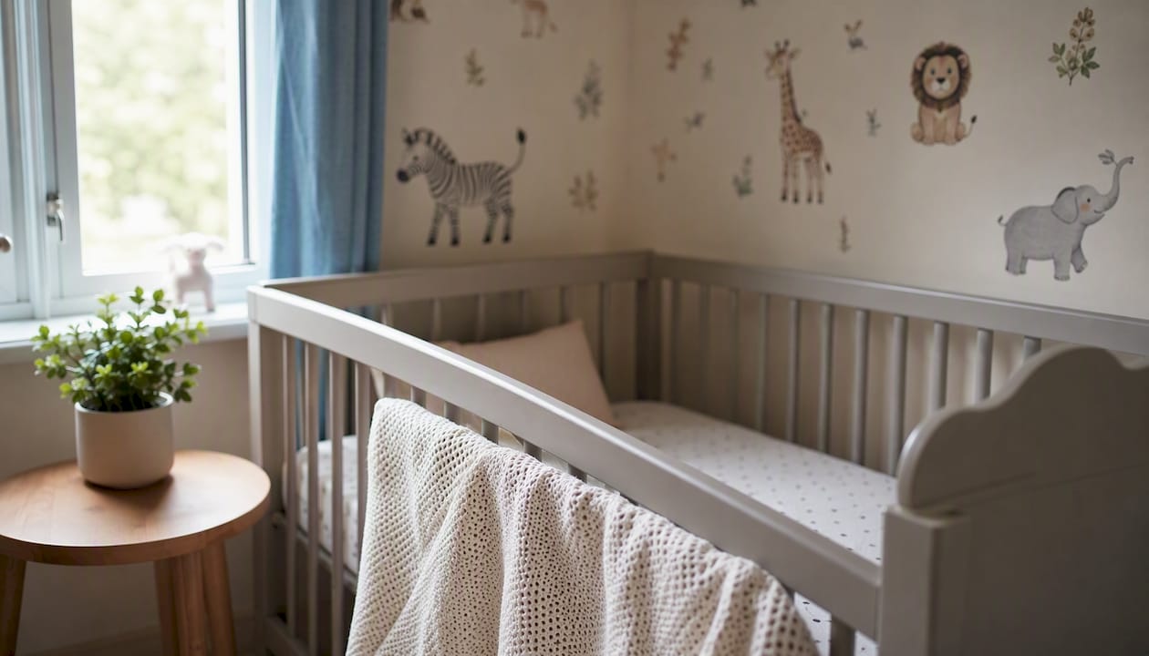 Een verduisterde babykamer met gordijnen die het licht volledig buiten houden.
