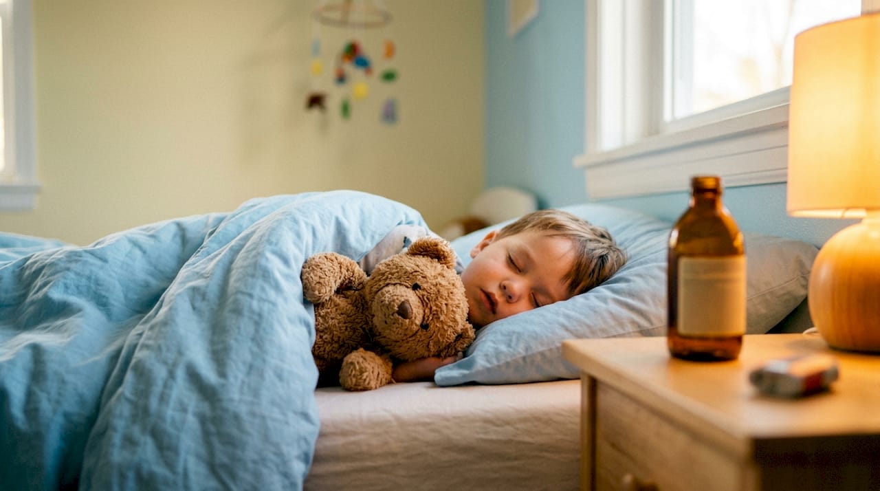 Een flesje melatonine op het nachtkastje naast het kinderbed