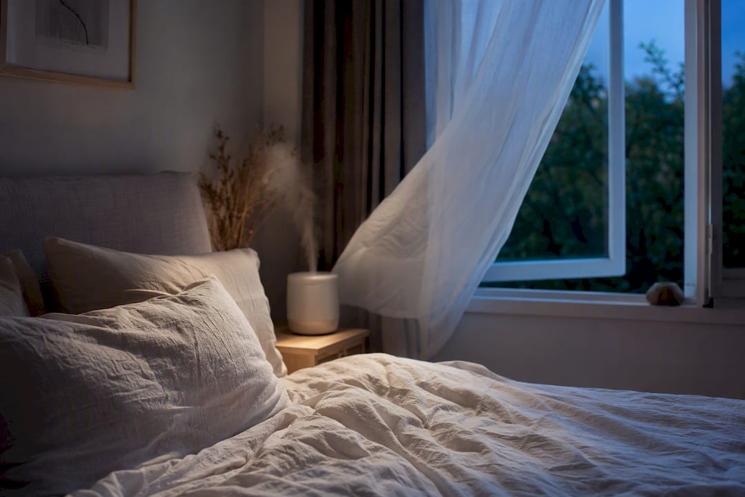 Slaapkamer met heerlijk ademend beddengoed van natuurlijke materialen en het raam lekker open voor frisse lucht.