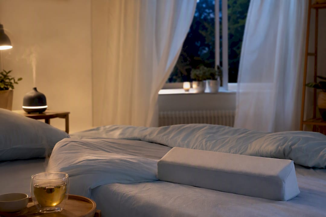 Bed met verhoogd kussen en warme stoom van de douche