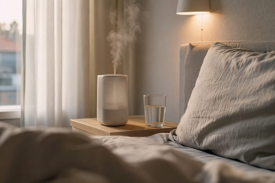 Luchtbevochtiger op het nachtkastje in de slaapkamer die stoom afgeeft