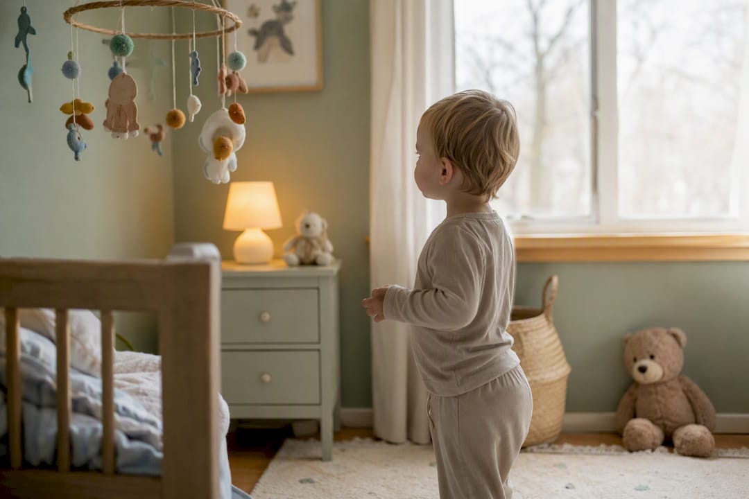 Babyhoekje met mobiel en zacht ochtendlicht