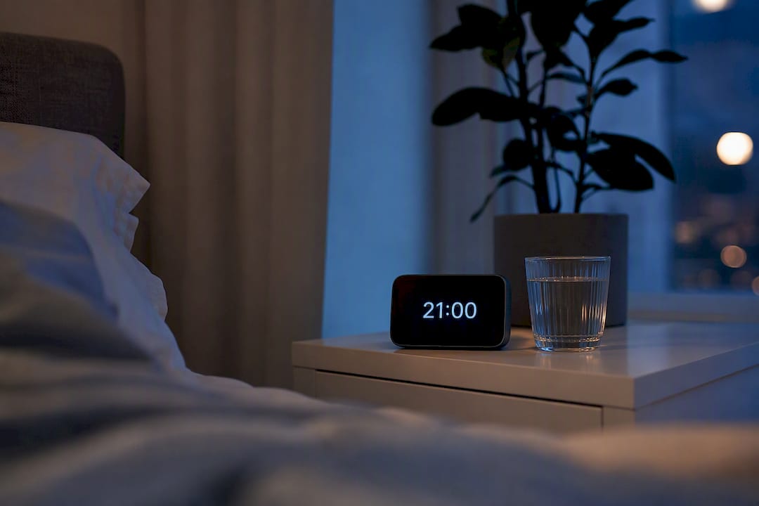 Avondelijk nachtkastje met wekker en glas water