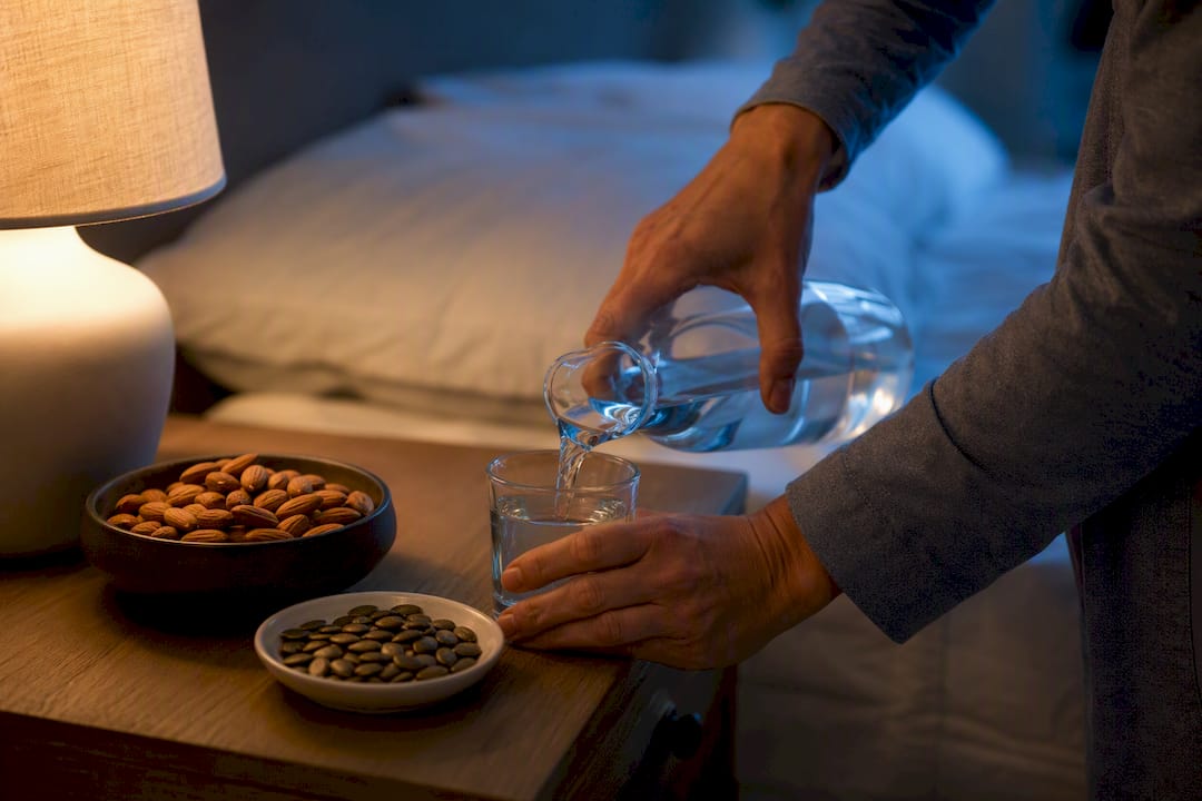 Handen die een tryptofaan supplement en voedsel klaarmaken