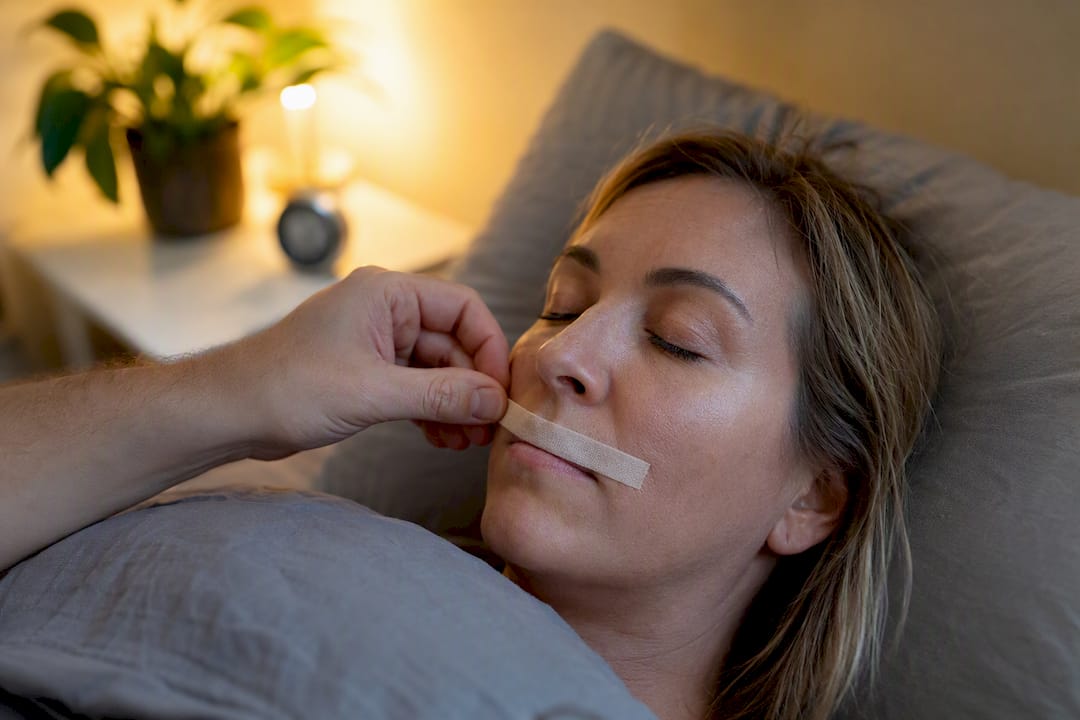 Hand die mondtape aanbrengt voor het slapen