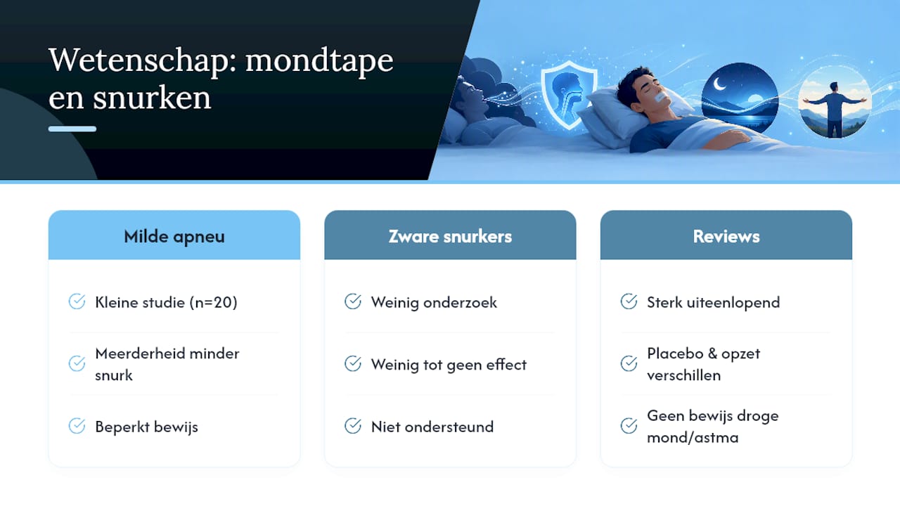 Diagram met vergelijking van onderzoeksresultaten over de effectiviteit van mondtape