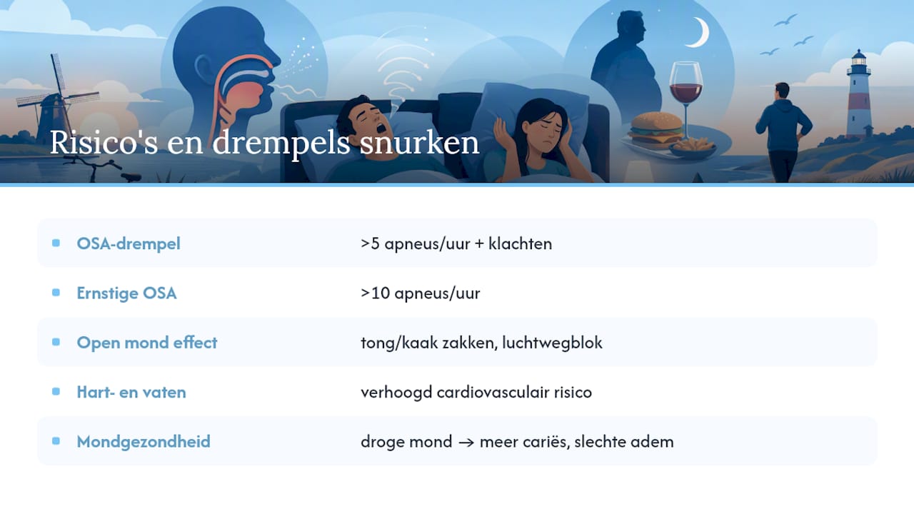 Risico's van open mond snurken en de link met slaapapneu &mdash; overview diagram