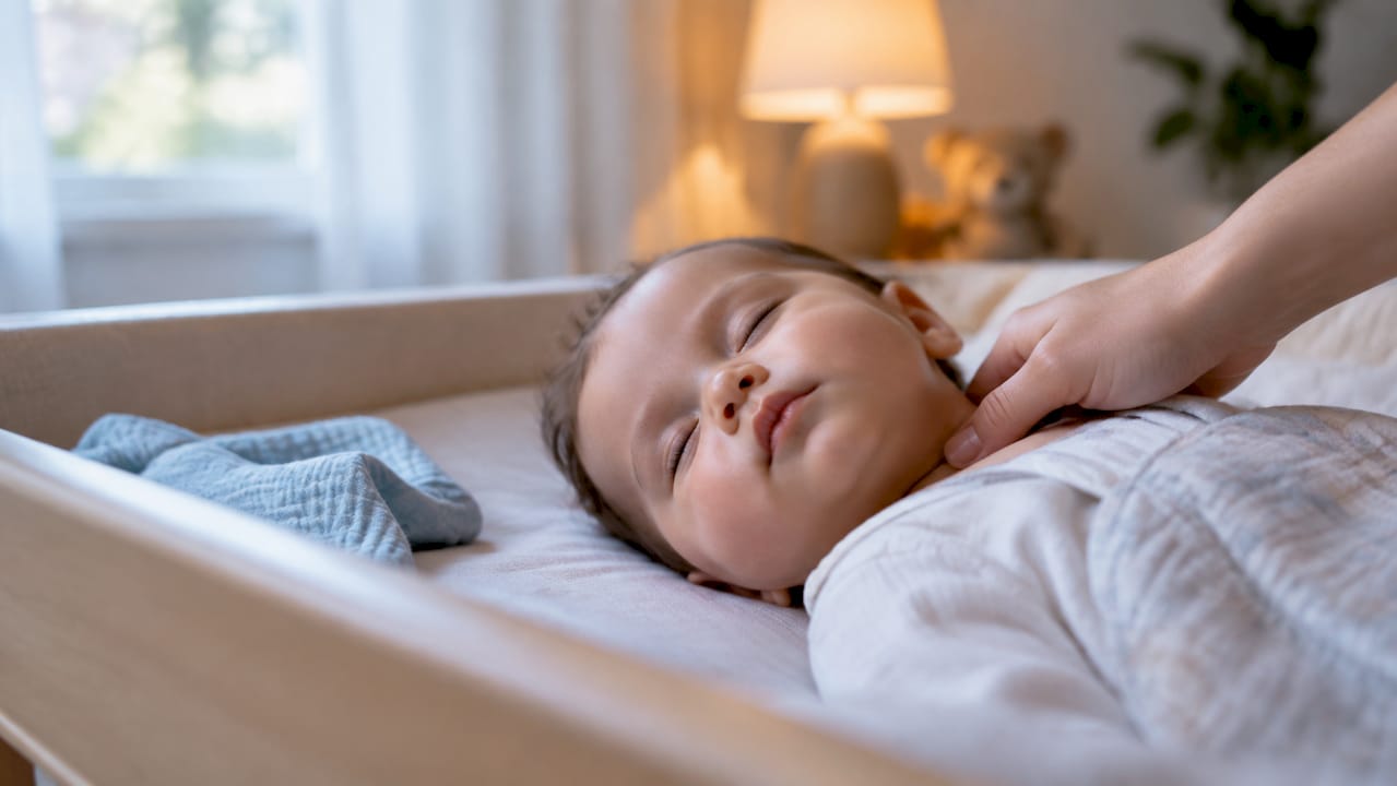 Ouder voelt aan het nekje van een slapende baby