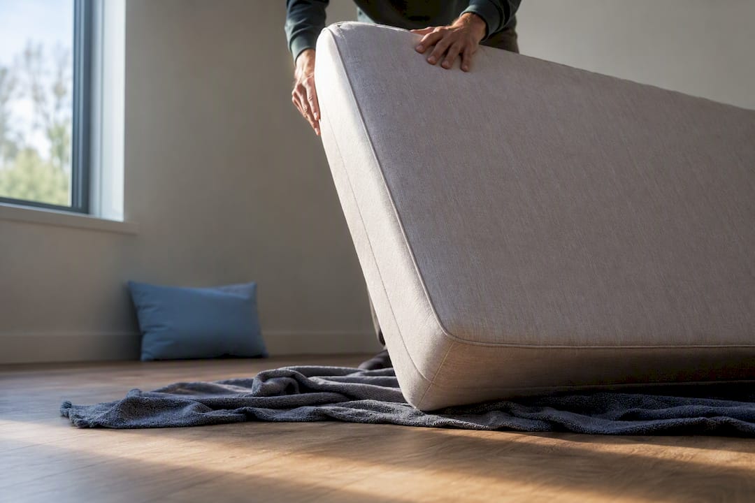 Til het matras met beide handen en leg het op een beschermende deken