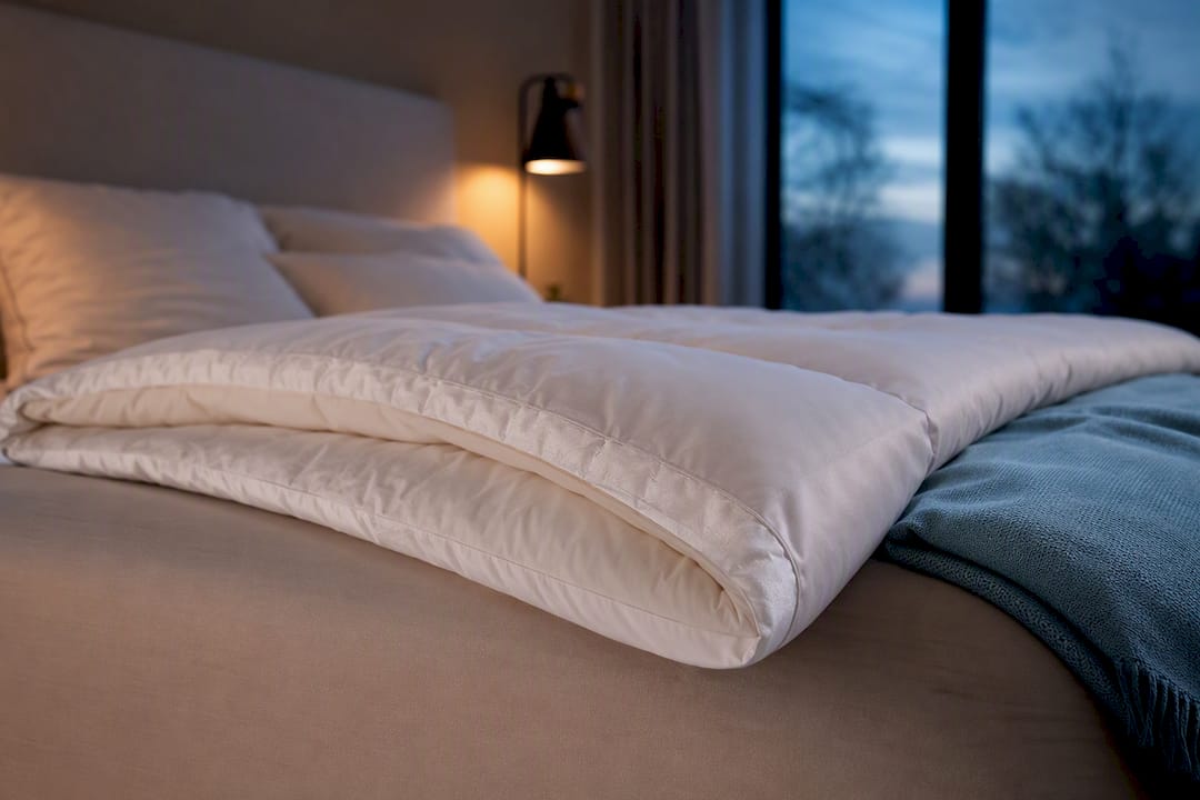 Anoniem winterdekbed in een koele slaapkamer